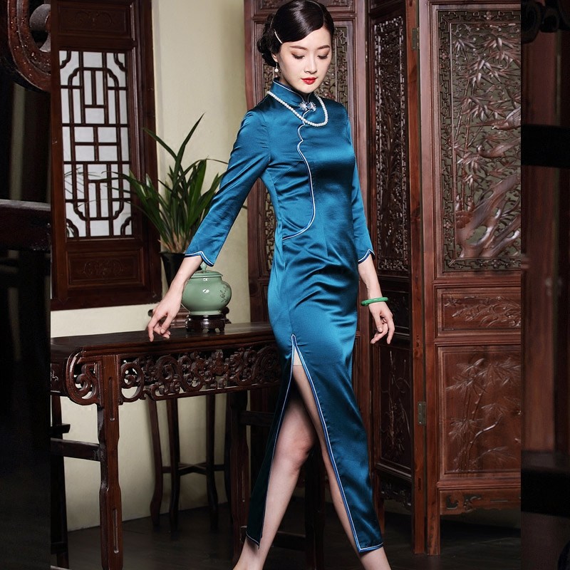 玺玥秋季长款长袖重磅真丝女旗袍 优雅复古改良高端晚礼服连衣裙