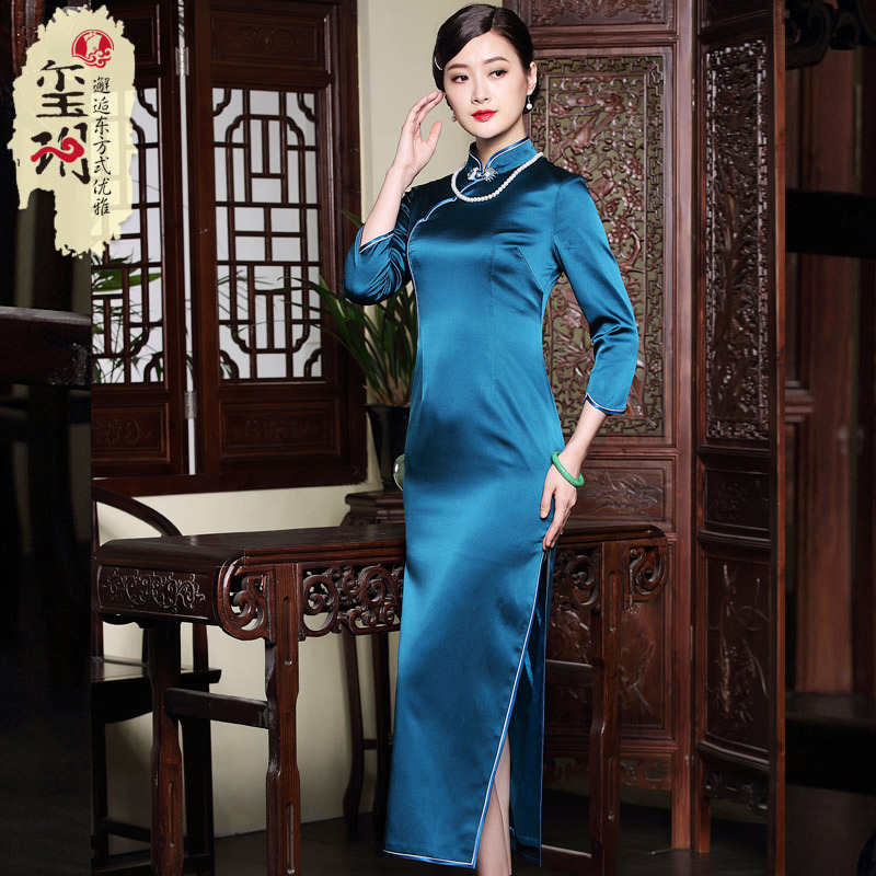 玺玥秋季长款长袖重磅真丝女旗袍 优雅复古改良高端晚礼服连衣裙